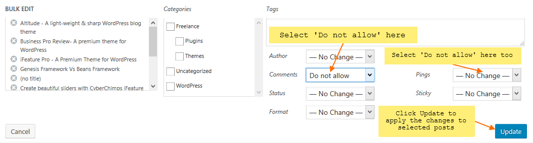 Bulk edit posts for comments and pingbacks