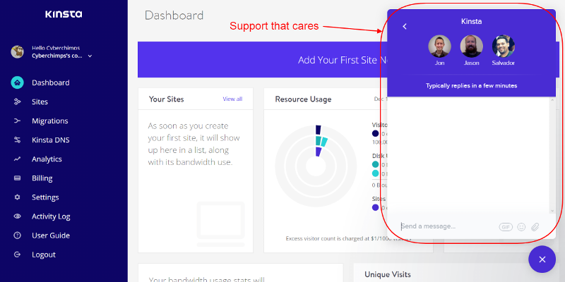 Kinsta support team chatbox