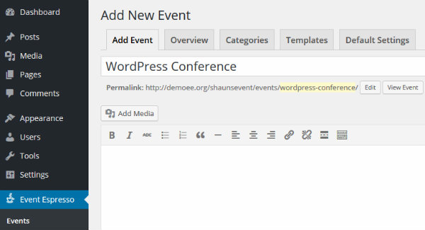 Adding a new event on Event Espresso
