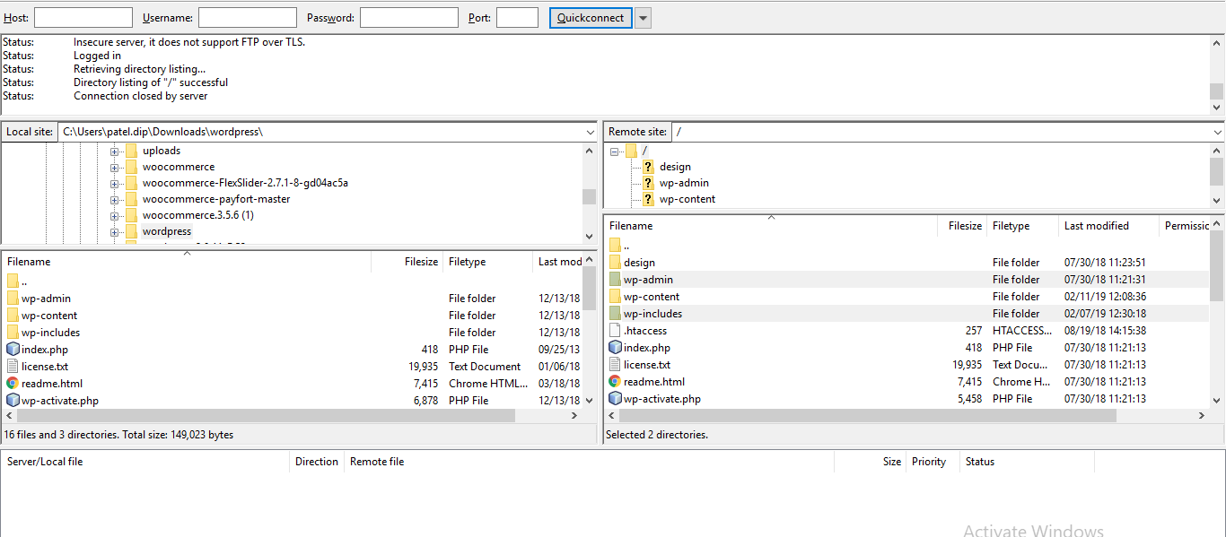 Access the root directory to update WordPress