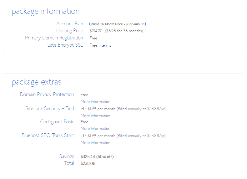 Bluehost Package Information