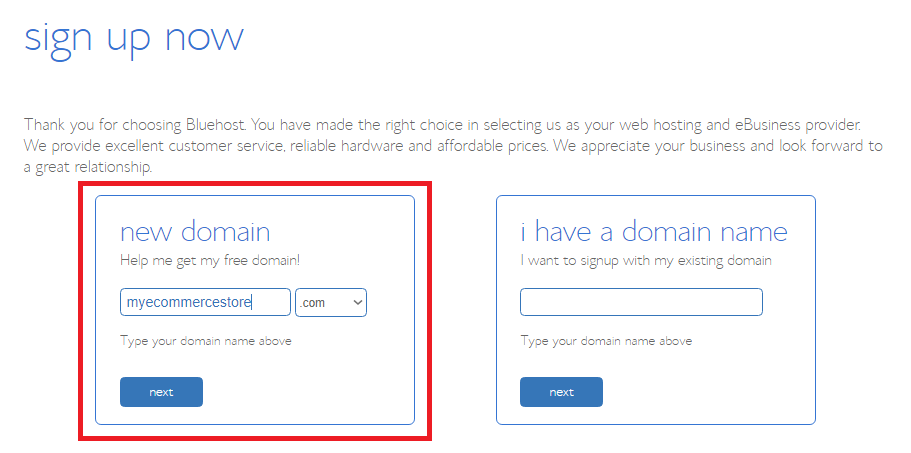 Sign up Bluehost