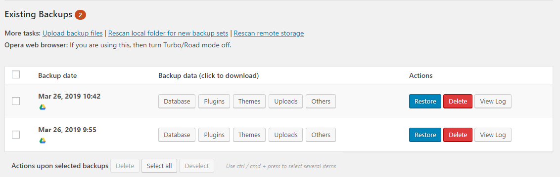 Existing backups