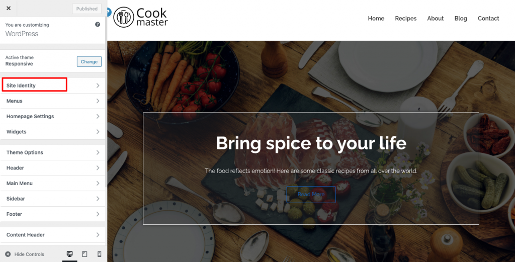 Clicking on Site identity