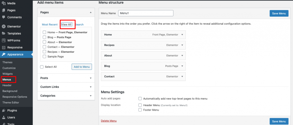 Heading to Menus and clicking View all