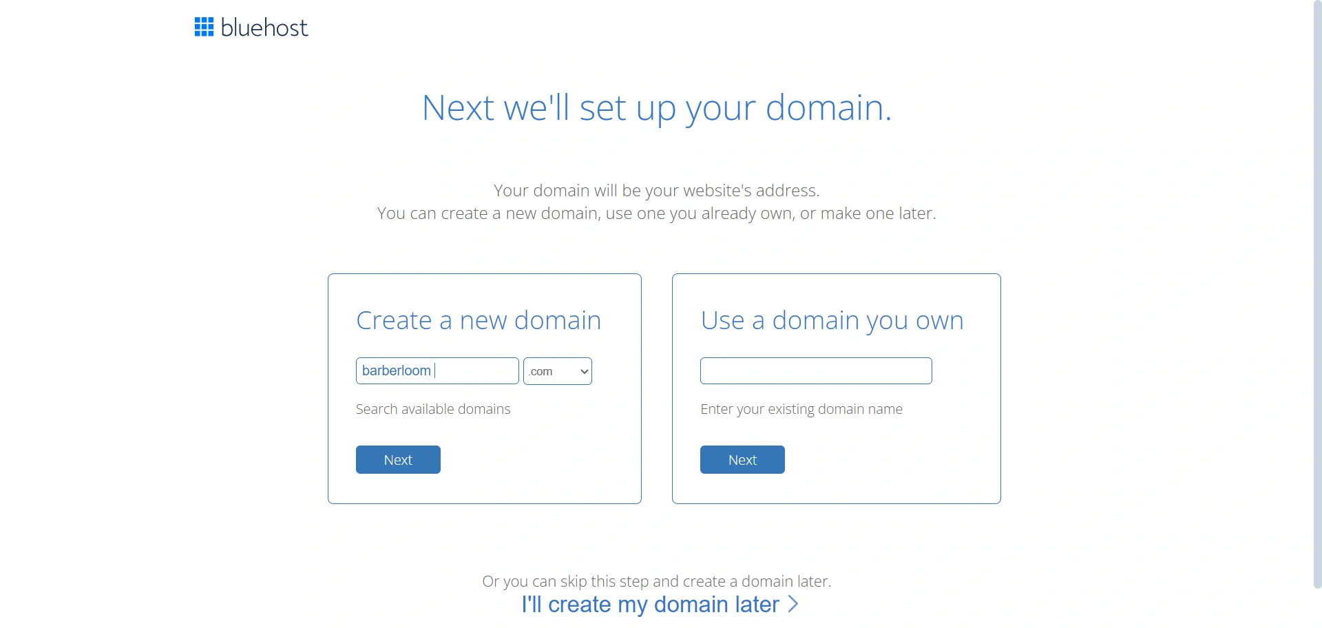Create domain name in bluehost