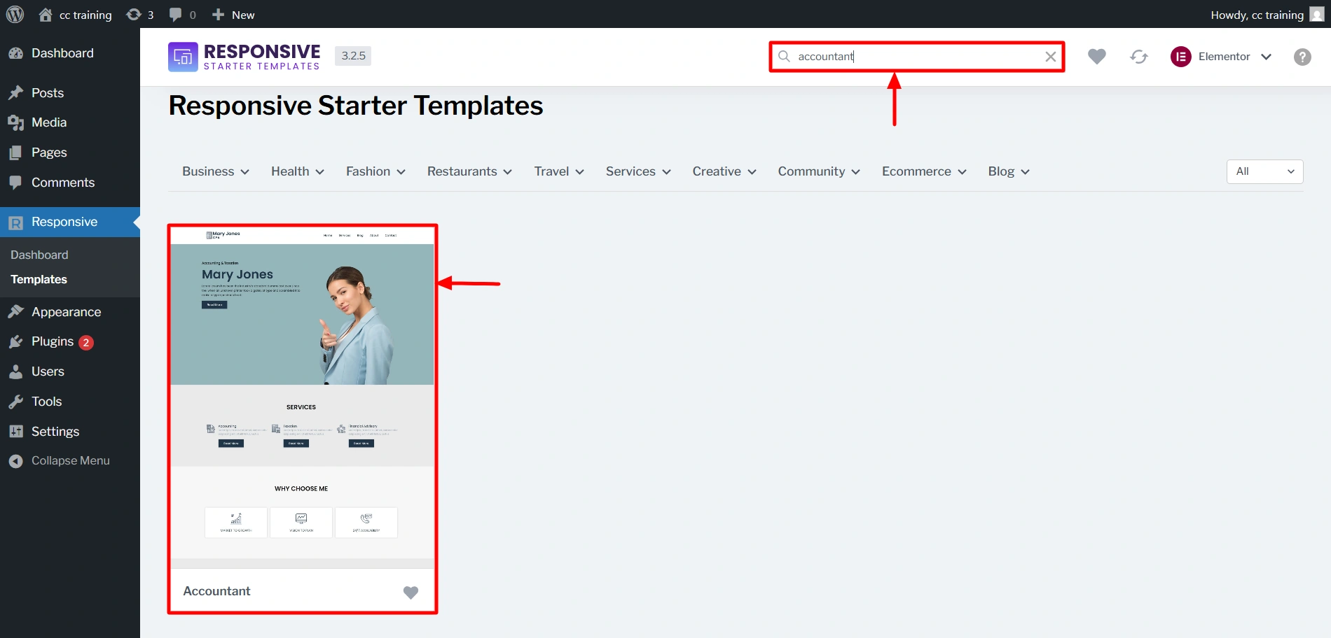 Search for the accounting template