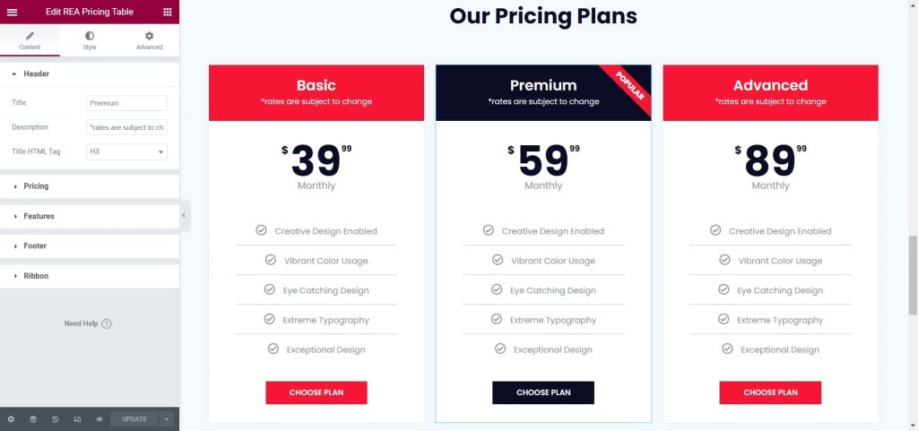 REA Pricing Table Widget
