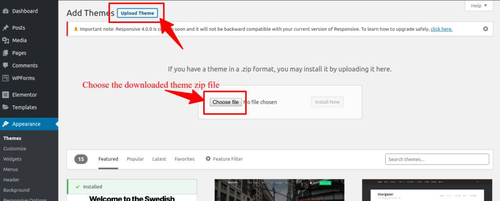 Upload new WordPress theme