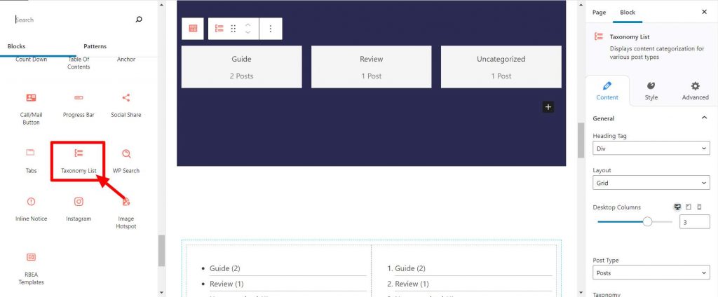 Gutenberg Taxonomy List Block