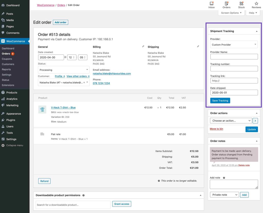 Shipment tracking meta box order view