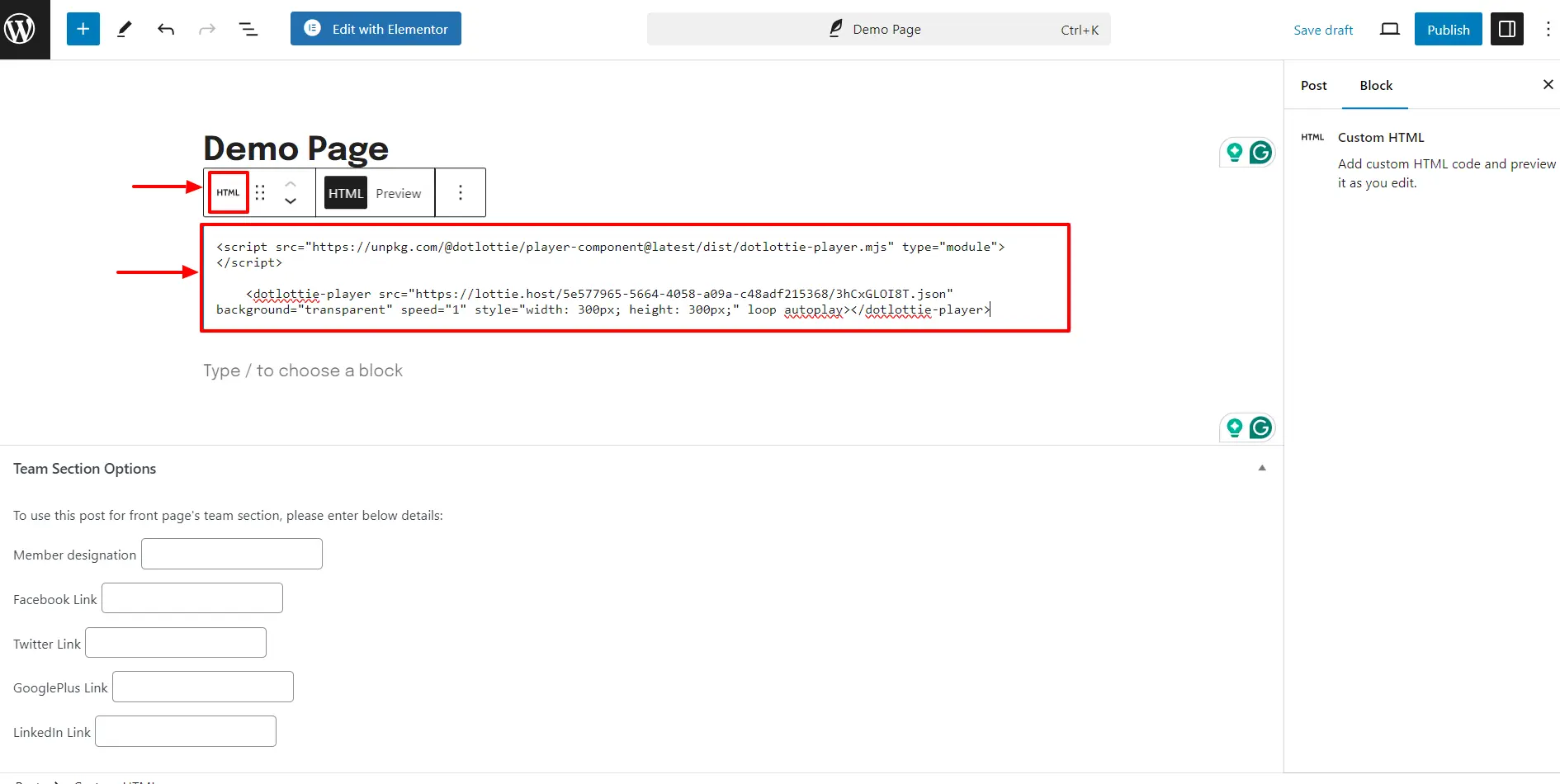 Adding HTML code to the widget