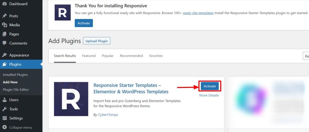 Activate Responsive Starter Templates plugin