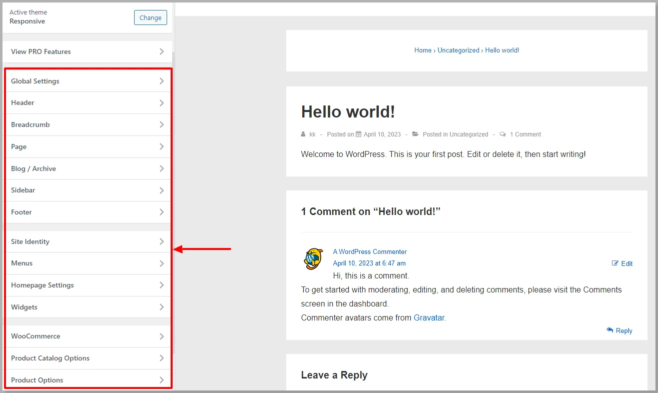 Responsive theme customizer
