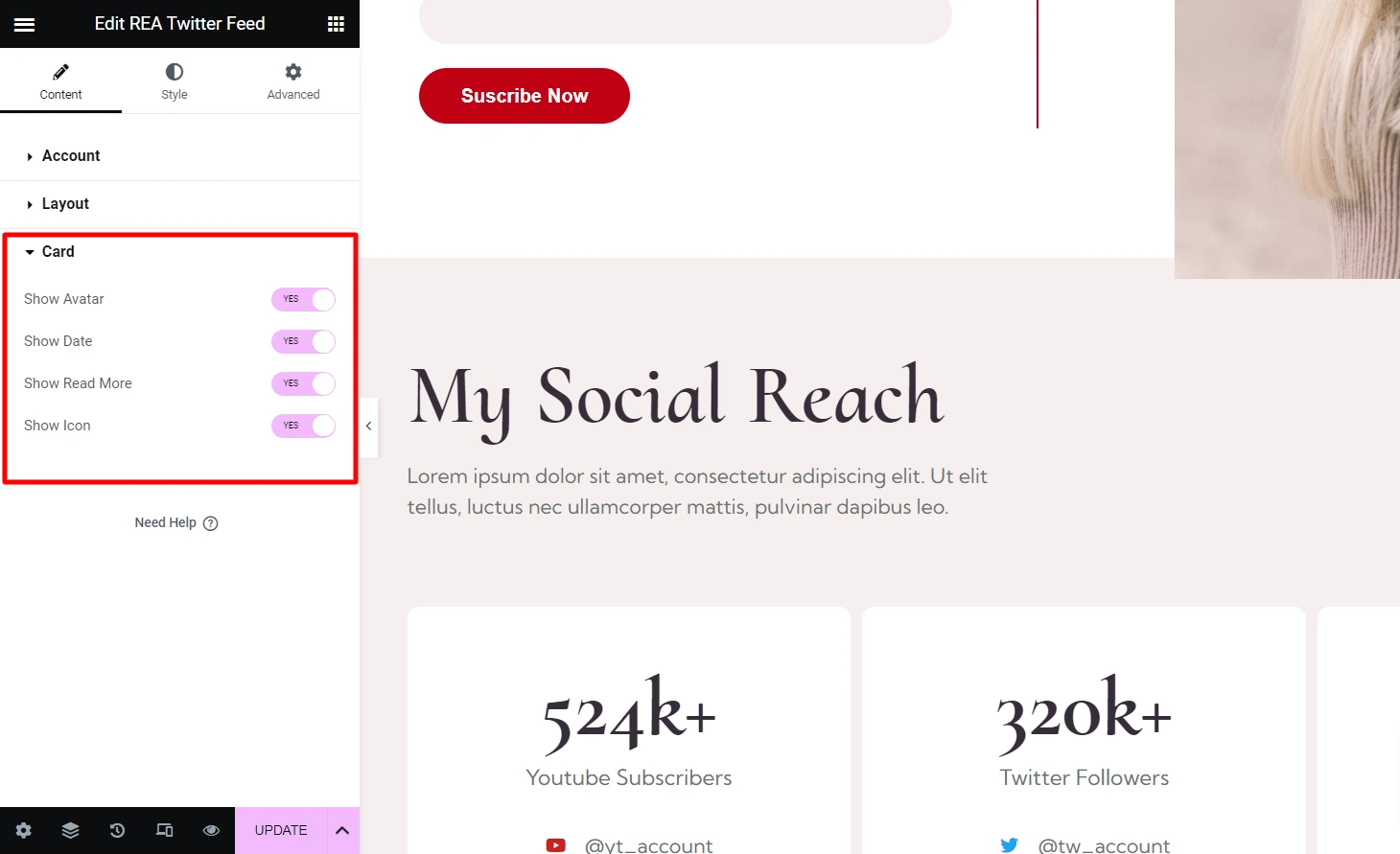 Edit REA Twitter Feed - Card Options