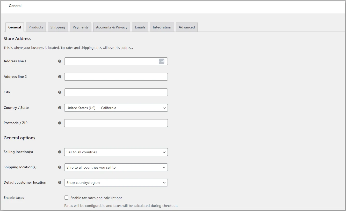 General WooCommerce tab