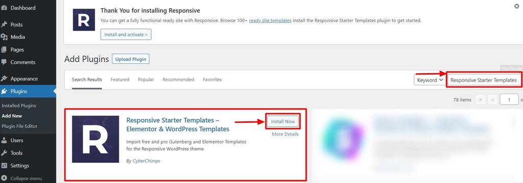 Install Responsive Starter Templates plugin