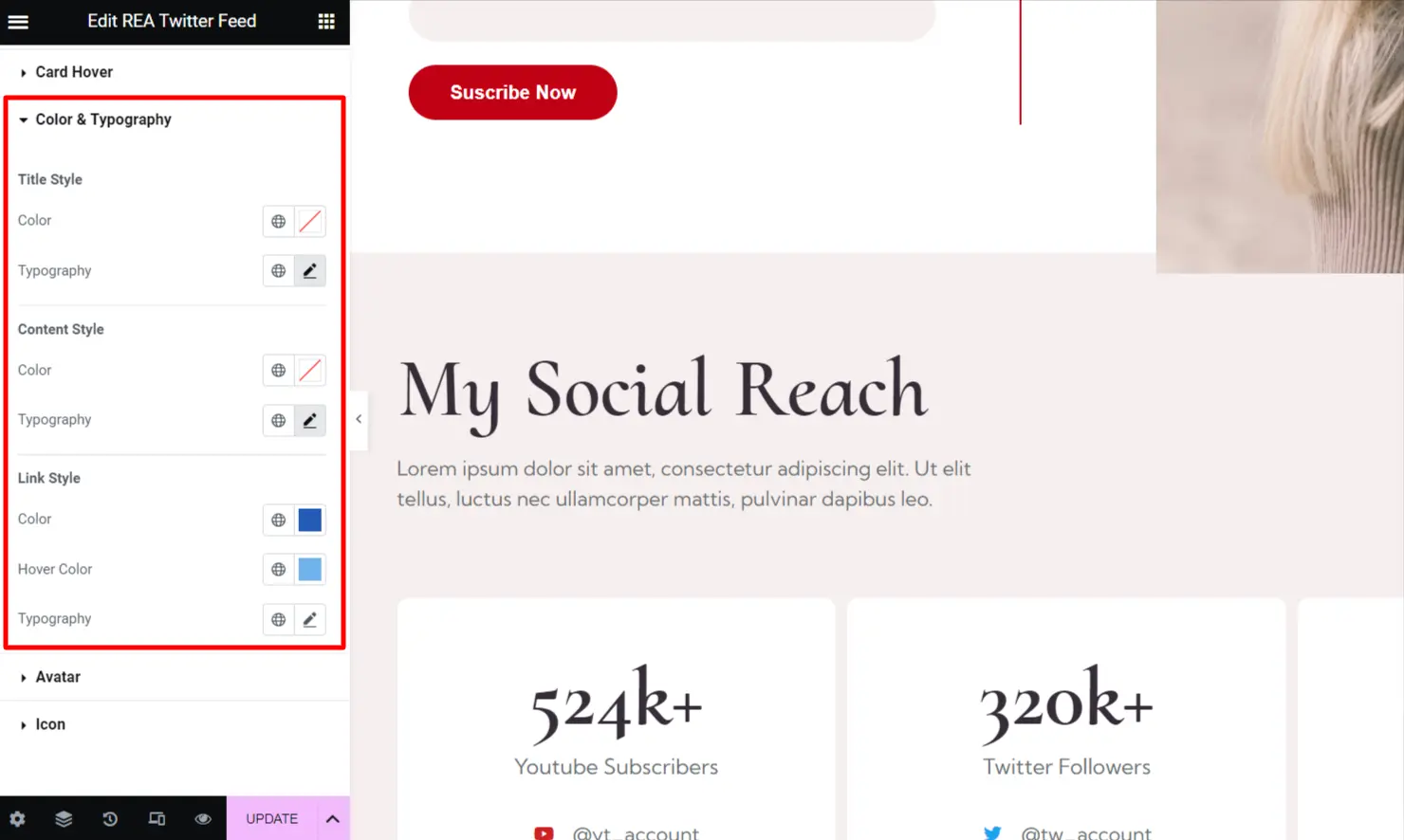 REA Twitter Feed- Color & Typography Options