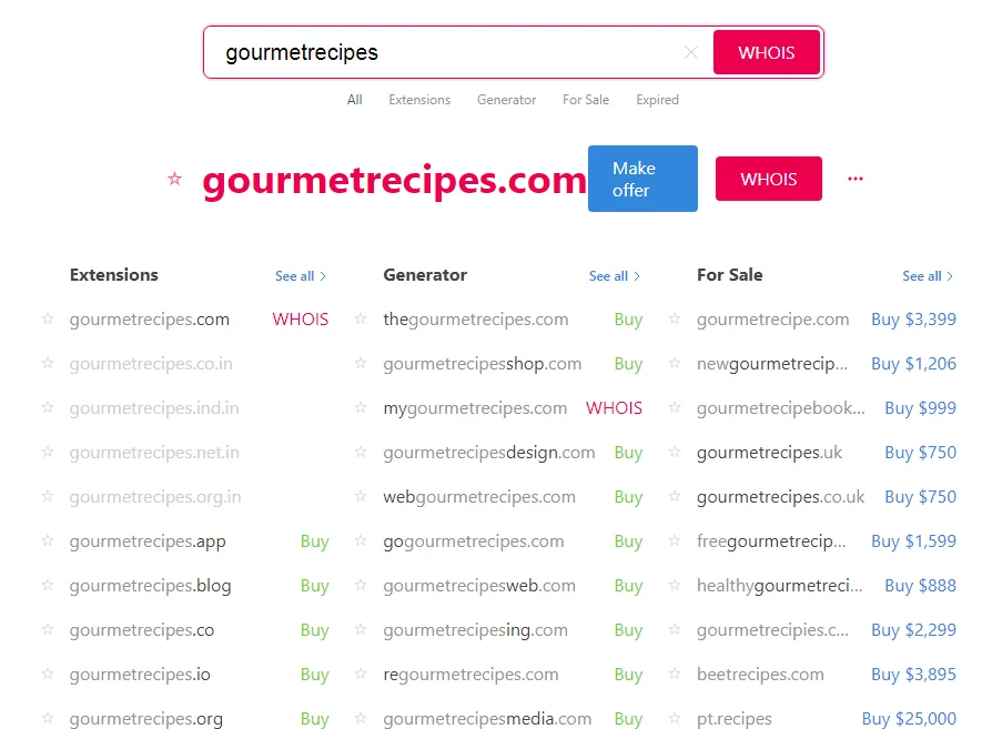 Instant domain search