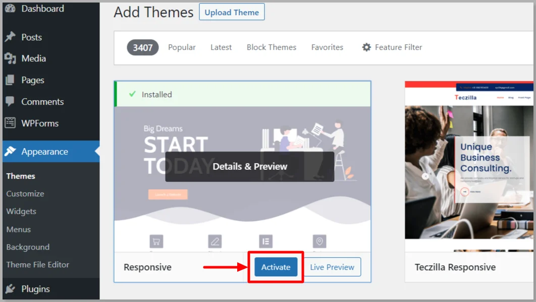 Activate Responsive theme