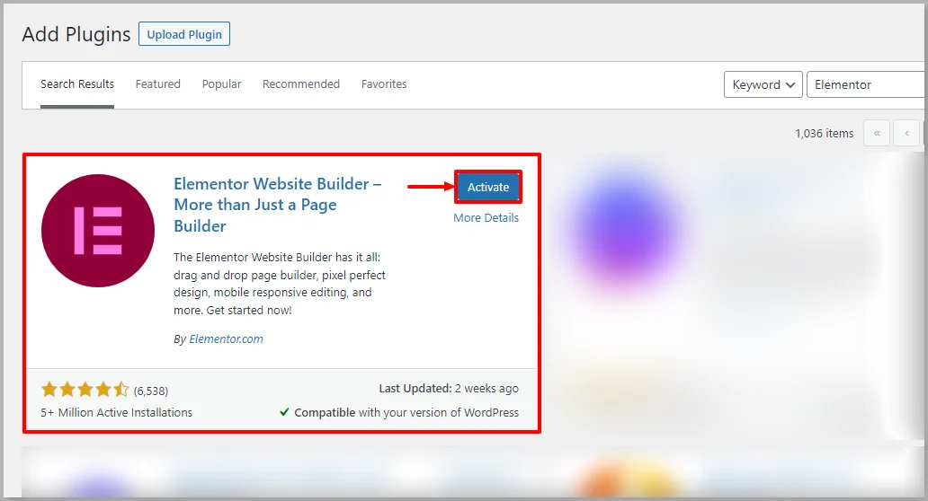 Activate Elementor Plugin