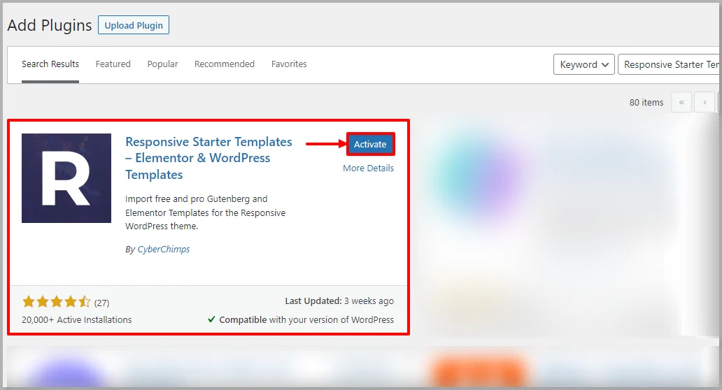 Activate Responsive Starter templates plugin