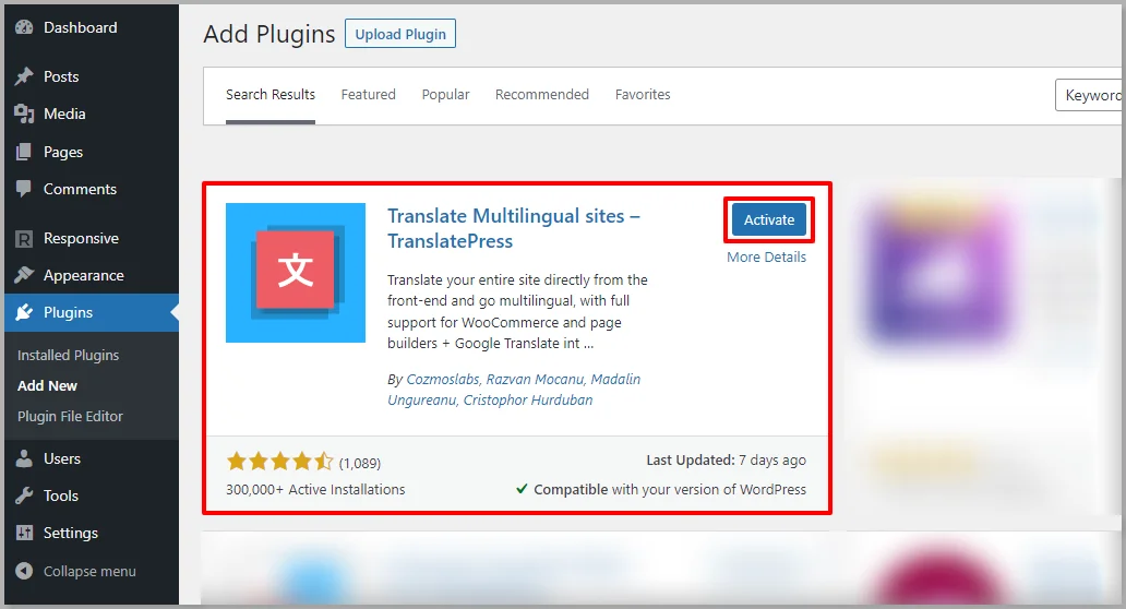 Activate TranslatePress plugin