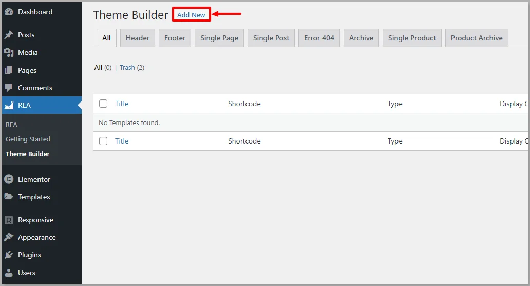 Add new Elementor header template