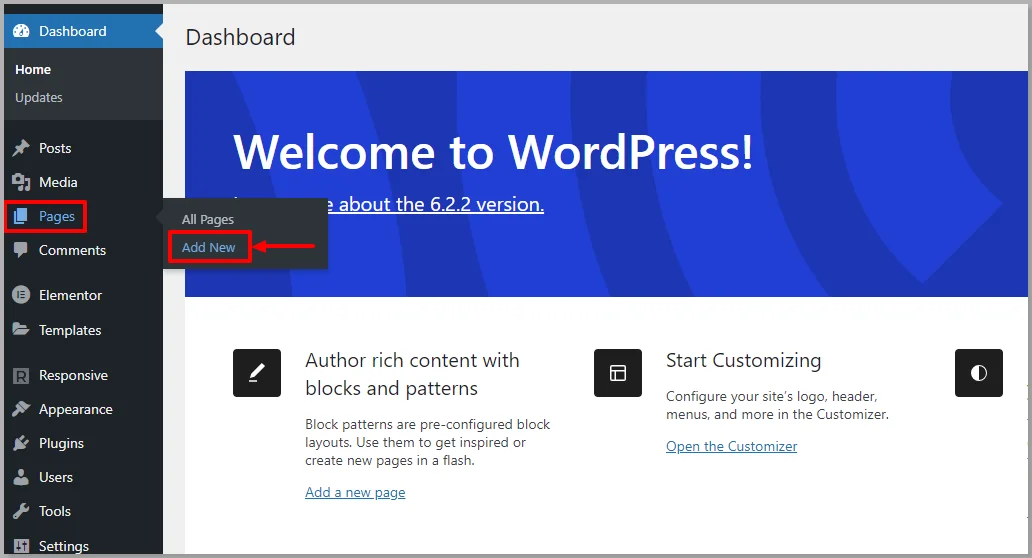 Add new WordPress page