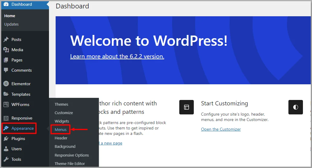 Select menus in WordPress dashboard