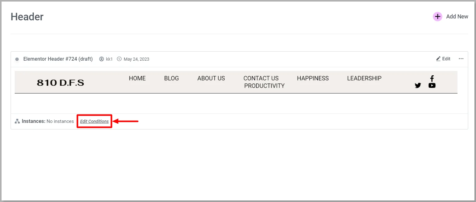 Edit conditions for Elementor header