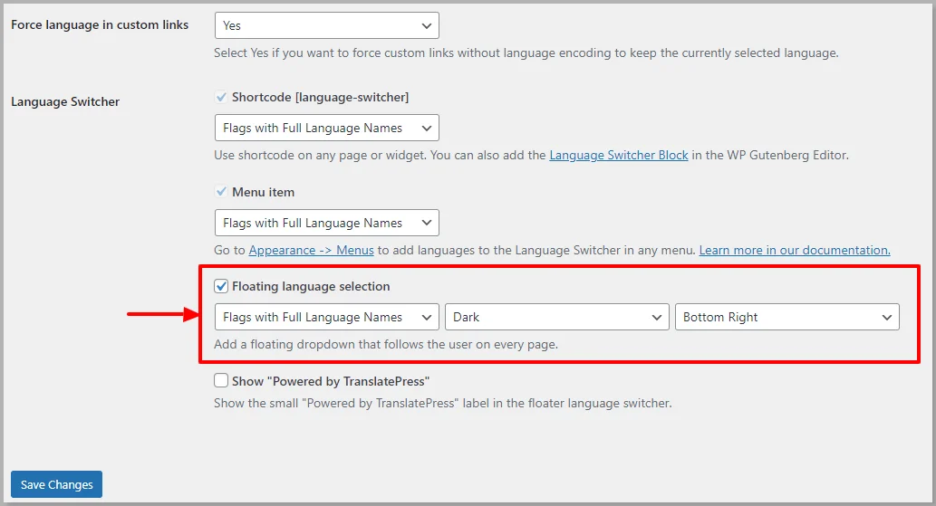 Floating language selection