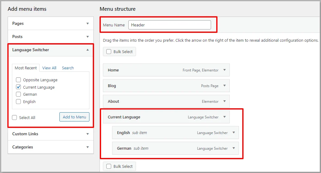 Drop down menu options