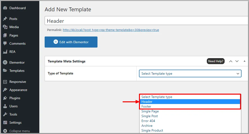 Choose header or footer template