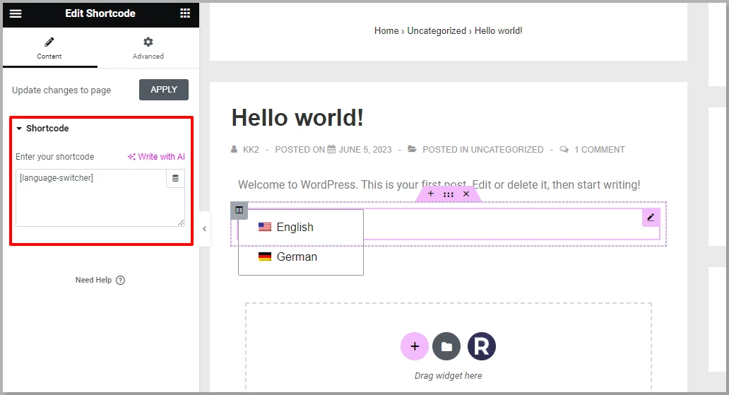 Type [language-switcher] in the shortcode space