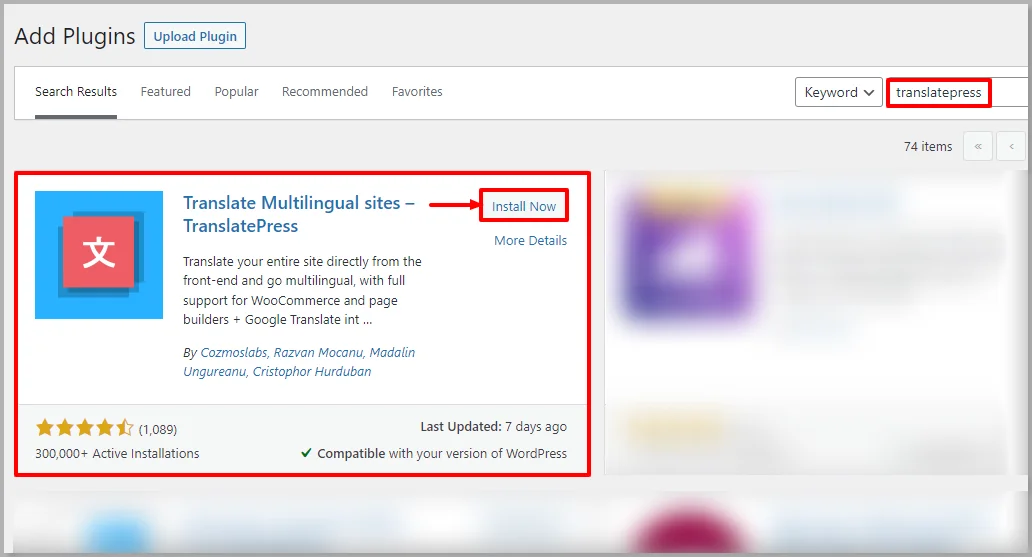 Install TranslatePress plugin