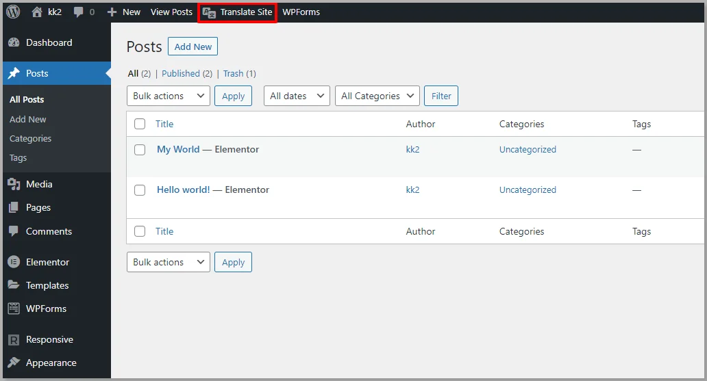 Click on Translate Site option