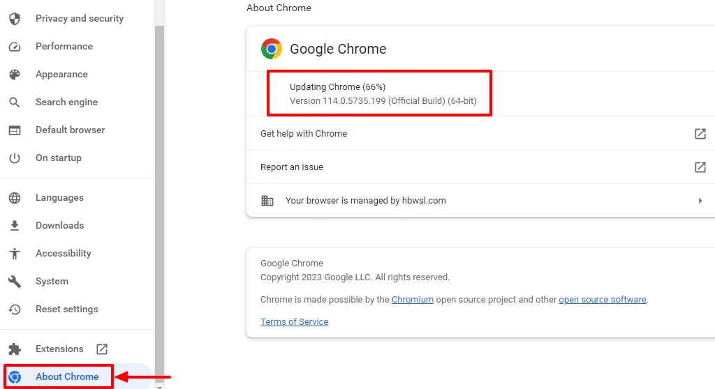 About Chrome settings