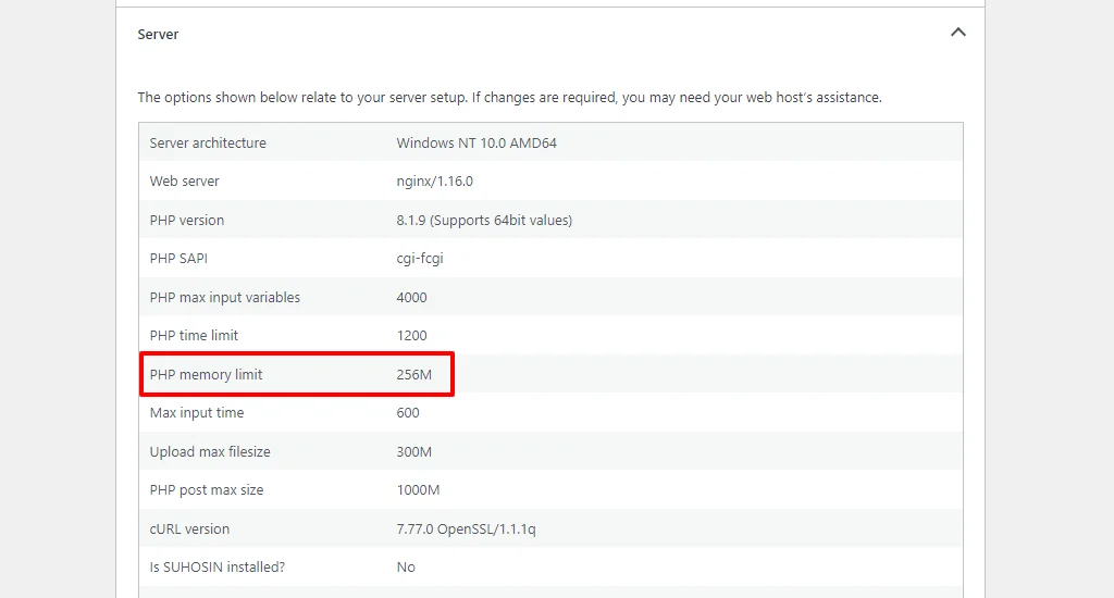 Memory limit of WordPress