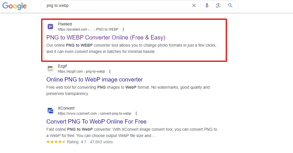 Search for PNG to WebP 