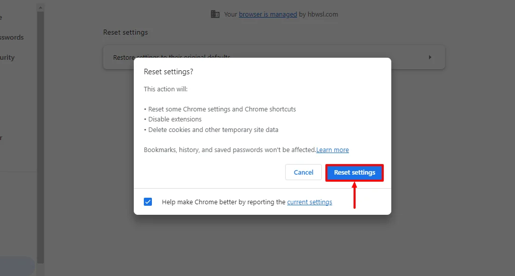 Reset browser settings to fix ERR_CACHE_MISS error