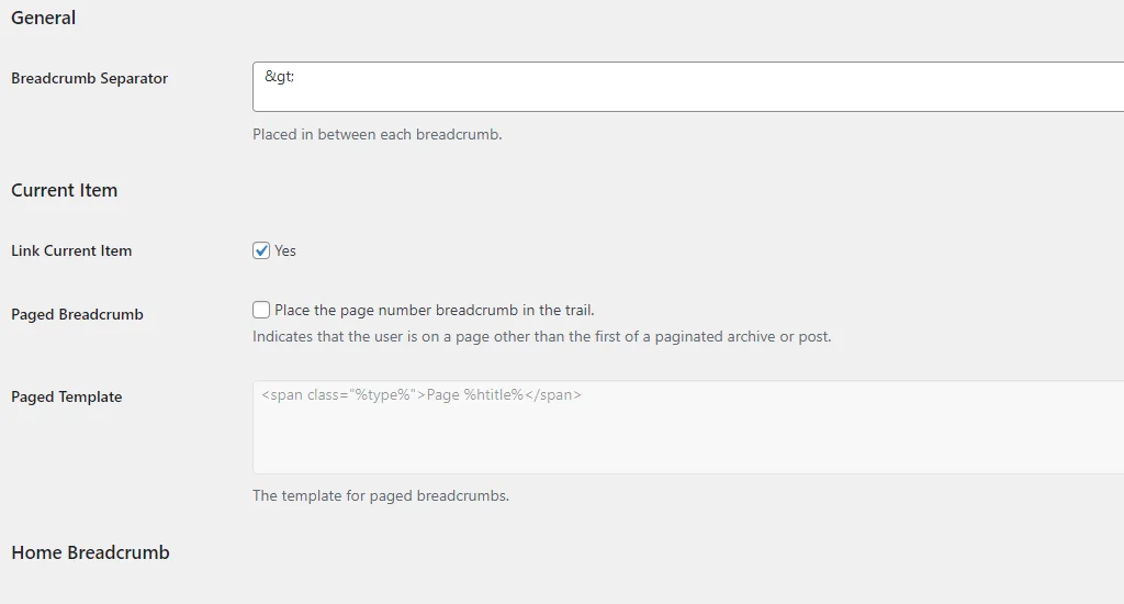 Breadcrumb NavXT plugin settings