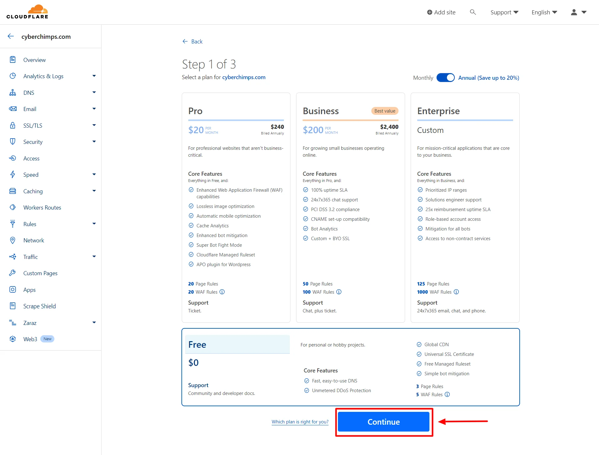 Select Cloudflare's Domain Plan