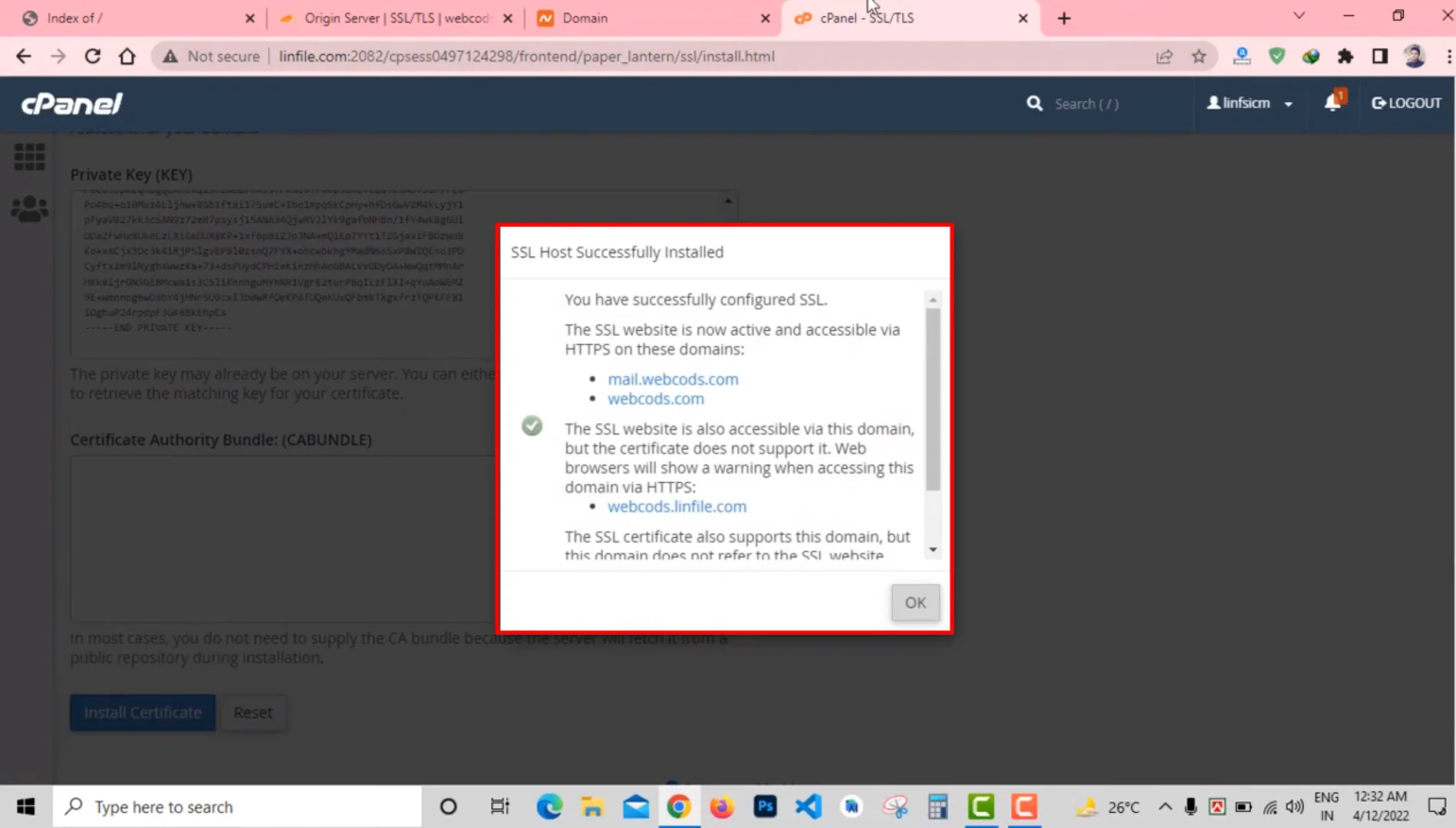 cPanel installed certificates