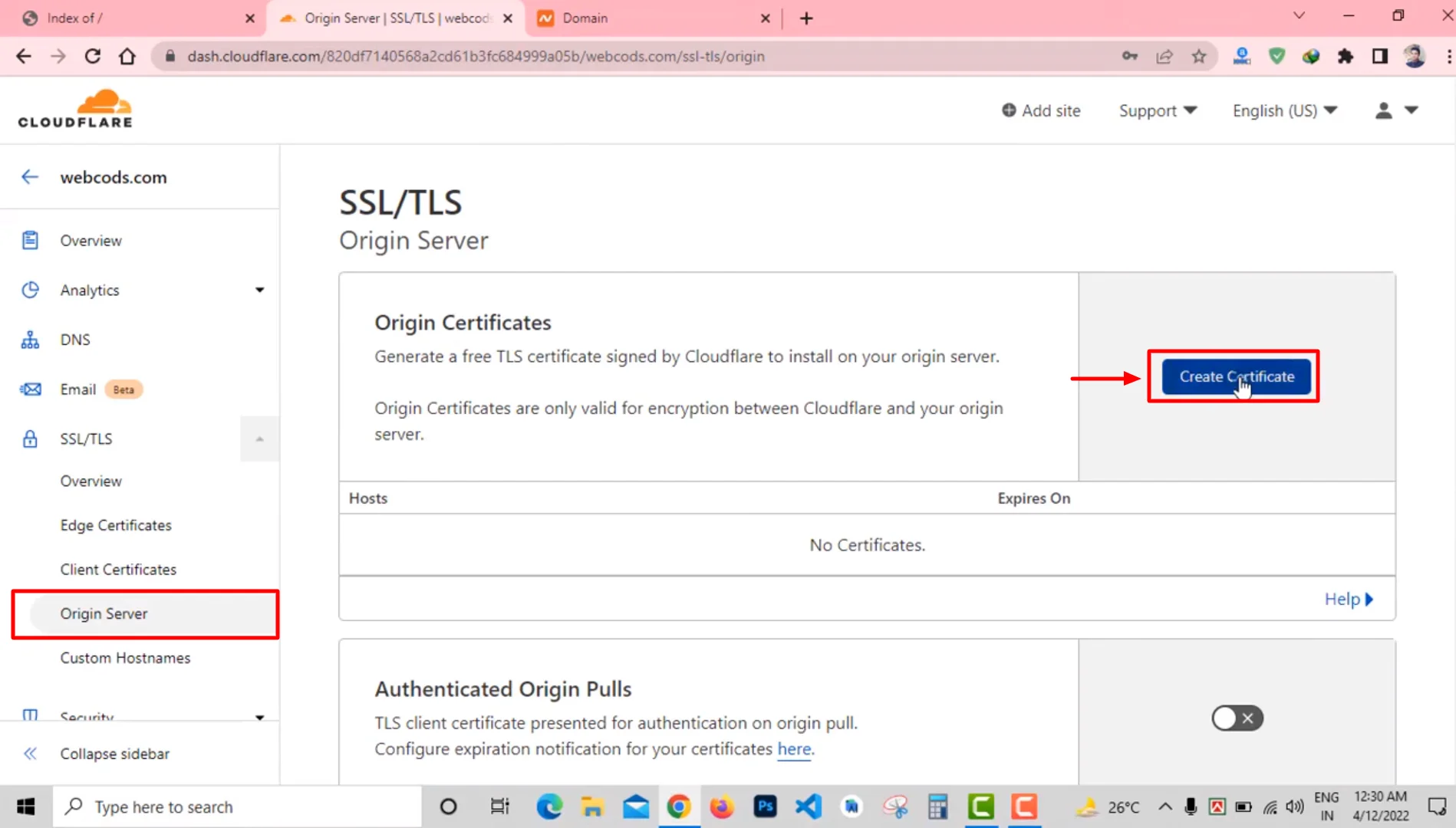  Origin Server> Create Certificate.