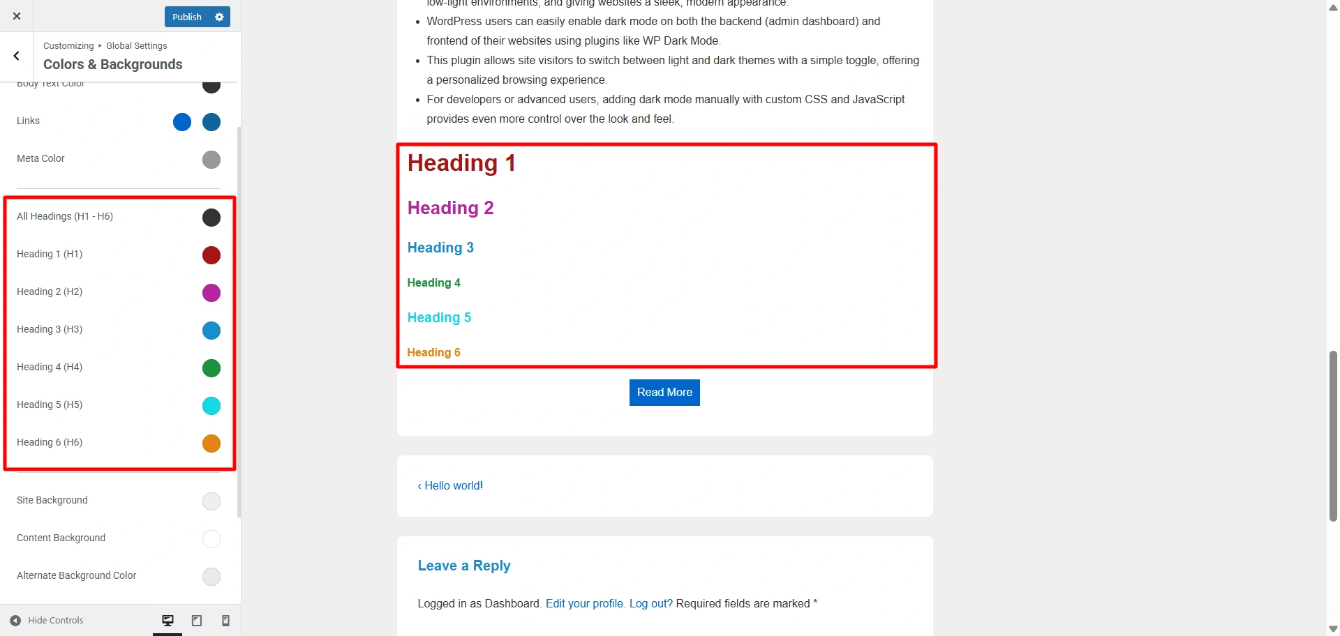 customize individual heading colors