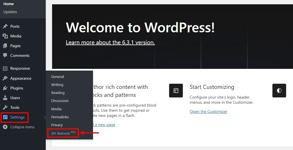 Settings>301 Redirects Pro