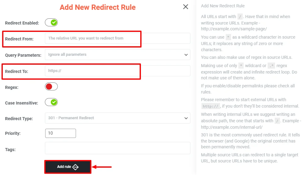 Provide the old URL and new URL for 301 redirect