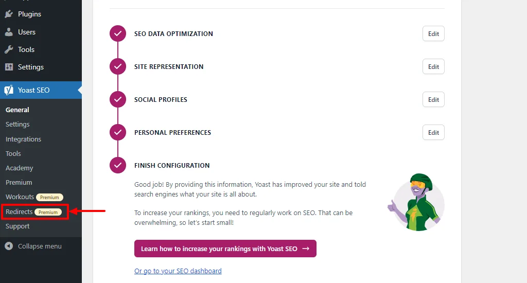 Configure Yoast to create a 301 redirect