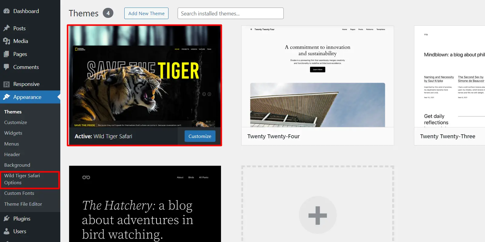 Now the active theme is Wild Tiger Safari
